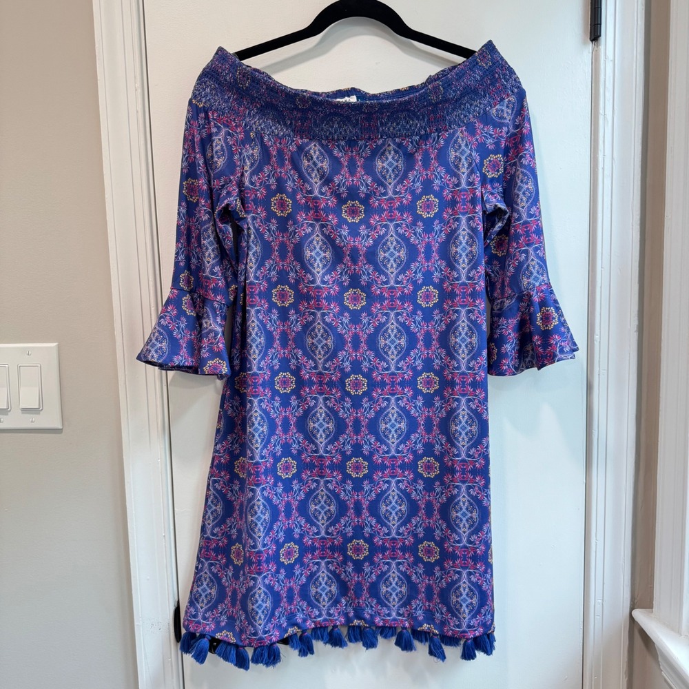 Cabana Life Off Shoulder Dress Bell Sleeve Tassel Hem Patterned Purple Size S‎